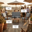 SET SALOTTO DA GIARDINO CON DIVANO, 2 POLTRONE + TAVOLINO IN LEGNO TABACCO E TESSUTO COLORE GRIGIO