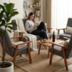 SET SALOTTO DA GIARDINO CON DIVANO, 2 POLTRONE + TAVOLINO IN LEGNO TABACCO E TESSUTO COLORE GRIGIO