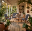 SET SALOTTO DA GIARDINO CON DIVANO, 2 POLTRONE + TAVOLINO IN LEGNO TABACCO E TESSUTO COLORE GRIGIO