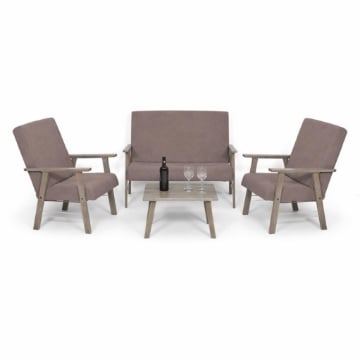 SET SALOTTO DA GIARDINO CON DIVANO, 2 POLTRONE + TAVOLINO IN LEGNO GRIGIO OLMO E TESSUTO COLORE TORTORA