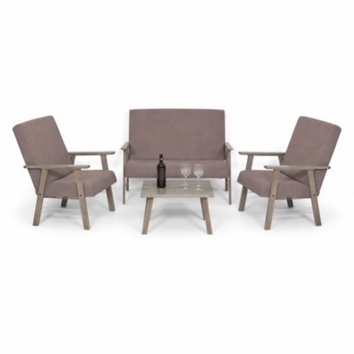 SET SALOTTO DA GIARDINO CON DIVANO, 2 POLTRONE + TAVOLINO IN LEGNO GRIGIO OLMO E TESSUTO COLORE TORTORA