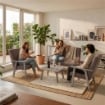 SET SALOTTO DA GIARDINO CON DIVANO, 2 POLTRONE + TAVOLINO IN LEGNO GRIGIO OLMO E TESSUTO COLORE TORTORA