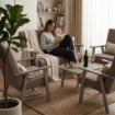 SET SALOTTO DA GIARDINO CON DIVANO, 2 POLTRONE + TAVOLINO IN LEGNO GRIGIO OLMO E TESSUTO COLORE TORTORA