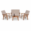 SET SALOTTO DA GIARDINO CON DIVANO, 2 POLTRONE + TAVOLINO IN LEGNO TABACCO E TESSUTO COLORE BEIGE