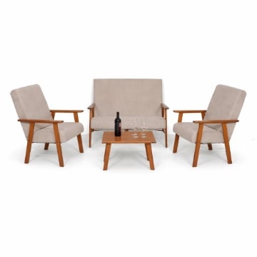 SET SALOTTO DA GIARDINO CON DIVANO, 2 POLTRONE + TAVOLINO IN LEGNO TABACCO E TESSUTO COLORE BEIGE
