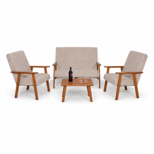SET SALOTTO DA GIARDINO CON DIVANO, 2 POLTRONE + TAVOLINO IN LEGNO TABACCO E TESSUTO COLORE BEIGE