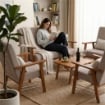 SET SALOTTO DA GIARDINO CON DIVANO, 2 POLTRONE + TAVOLINO IN LEGNO TABACCO E TESSUTO COLORE BEIGE