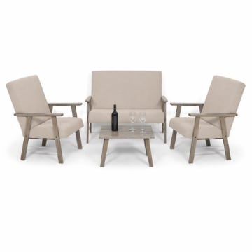 SET SALOTTO DA GIARDINO CON DIVANO, 2 POLTRONE + TAVOLINO IN LEGNO GRIGIO OLMO E TESSUTO COLORE BEIGE
