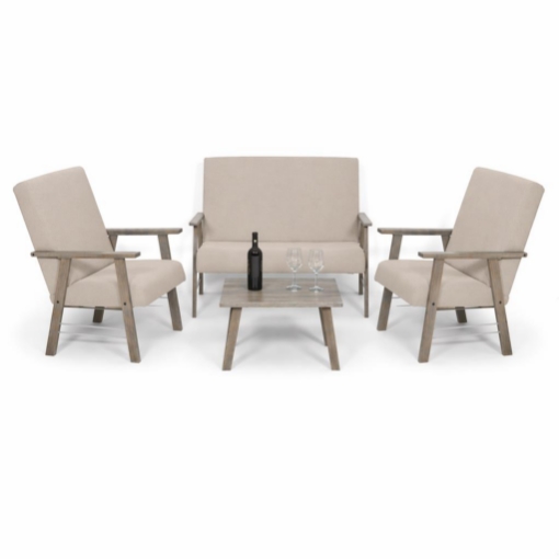 SET SALOTTO DA GIARDINO CON DIVANO, 2 POLTRONE + TAVOLINO IN LEGNO GRIGIO OLMO E TESSUTO COLORE BEIGE