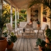 SET SALOTTO DA GIARDINO CON DIVANO, 2 POLTRONE + TAVOLINO IN LEGNO GRIGIO OLMO E TESSUTO COLORE BEIGE