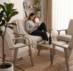 SET SALOTTO DA GIARDINO CON DIVANO, 2 POLTRONE + TAVOLINO IN LEGNO GRIGIO OLMO E TESSUTO COLORE BEIGE