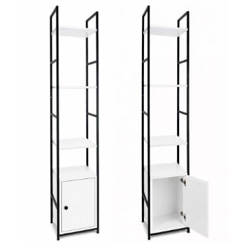 SCAFFALE STILE INDUSTRIAL IN LEGNO E METALLO CON 3 RIPIANI E 1 ANTA DIMENSIONI 29X24X144CM - COLORE BIANCO LEGNO