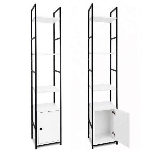 SCAFFALE STILE INDUSTRIAL IN LEGNO E METALLO CON 3 RIPIANI E 1 ANTA DIMENSIONI 29X24X144CM - COLORE BIANCO LEGNO