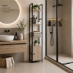 SCAFFALE STILE INDUSTRIAL IN LEGNO E METALLO CON 3 RIPIANI E 1 ANTA DIMENSIONI 29X24X144CM - COLORE ROVERE
