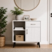 MOBILE MODERNO IN LEGNO CON 2 RIPIANI, 1 ANTA E CASSETTO COLORE BIANCO DIMENSIONI 94X38X74 CM