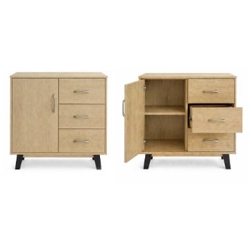 MOBILE MODERNO IN LEGNO CON 3 CASSETTI, 1 ANTA E PIANO D'APPOGGIO COLORE ROVERE DIMENSIONI 80X38X74 CM