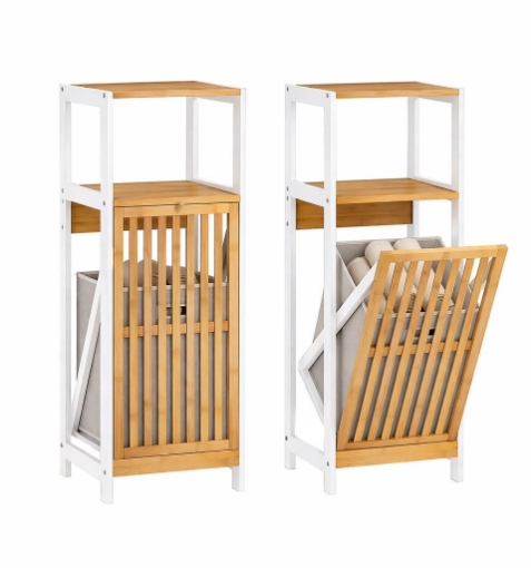MOBILE DA BAGNO IN LEGNO CON ANTA E RIPIANO IN BAMBOO E PORTABIANCHERIA IN TESSUTO - COLORE BIANCO DIMENSIONI 36X33X98 CM