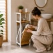 MOBILE DA BAGNO IN LEGNO CON ANTA E RIPIANO IN BAMBOO E PORTABIANCHERIA IN TESSUTO - COLORE BIANCO DIMENSIONI 36X33X98 CM