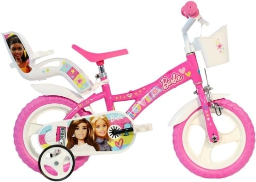 BICICLETTA BARBIE DA 12" CON ROTELLE IN COLORE BIANCO E ROSA PER BAMBINA