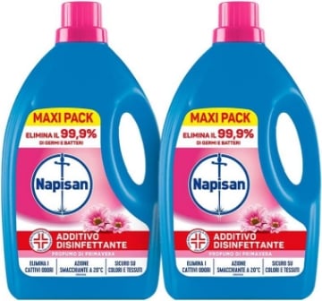 NAPISAN DISINFETTANTE LAVATRICE PROFUMO PRIMAVERA 2 PZ DA 2.2 LITRI L'UNO CONTRO I BATTERI E I CATTIVI ODORI 