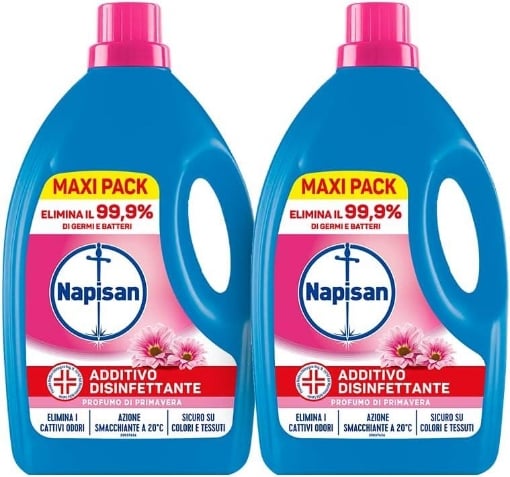 NAPISAN DISINFETTANTE LAVATRICE PROFUMO PRIMAVERA 2 PZ DA 2.2 LITRI L'UNO CONTRO I BATTERI E I CATTIVI ODORI 