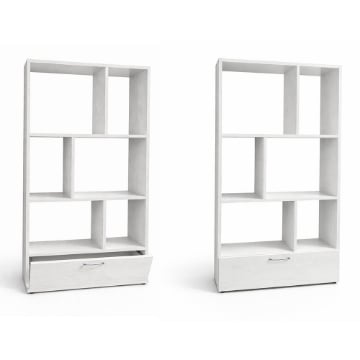 LIBRERIA IN LEGNO BIANCO MODERNA CON 6 RIPIANI SFALSATI E UN CASSETTO DIMENSIONI 70X24X140 CM