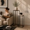 2 COLONNINE IN METALLO NERO MISURE 23X60CM E 27X70CM CON BASE IN MDF COLOR LEGNO