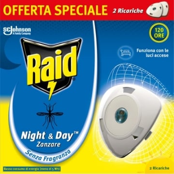 RAID NIGHT & DAY INSETTICIDA ELETTRICO 2 RICARICHE ZANZARE 120 ORE