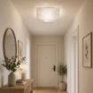 PLAFONIERA 1XE27 VANESSA1 X E27 GANCI CROMATI PIASTRA IN VETRO BIANCO DECORATO CON FOGLIE 30X30 CM 