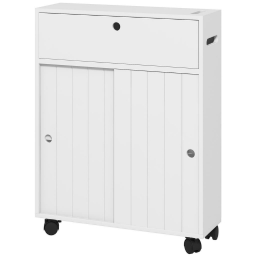MOBILE BAGNO STRETTO CON RUOTE, ANTE SCORREVOLI, RIPIANI REGOLABILI E 2 FORI PER CARTA IGIENICA, BIANCO