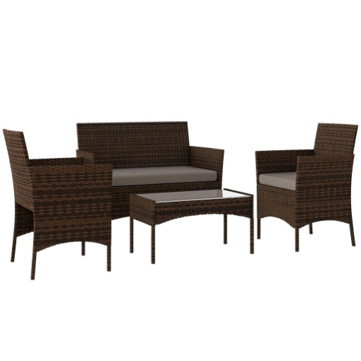 SET DA GIARDINO CON DIVANO 2 POSTI, 2 SEDIE E TAVOLINO BASSO, IN RATTAN E ACCIAIO, GRIGIO E MARRONE