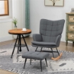 SEDIA A DONDOLO CON POUF IN TESSUTO EFFETTO LINO E LEGNO CON CUSCINO, BRACCIOLI, CAPACITÓ 130 KG, GRIGIO