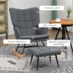 SEDIA A DONDOLO CON POUF IN TESSUTO EFFETTO LINO E LEGNO CON CUSCINO, BRACCIOLI, CAPACITÓ 130 KG, GRIGIO