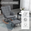 SEDIA A DONDOLO CON POUF IN TESSUTO EFFETTO LINO E LEGNO CON CUSCINO, BRACCIOLI, CAPACITÓ 130 KG, GRIGIO