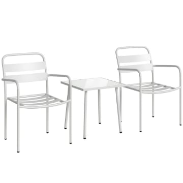 SET BISTR= 3 PEZZI: TAVOLINO IN VETRO E 2 SEDIE, ARREDO ESTERNO BIANCO.