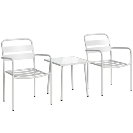 SET BISTR= 3 PEZZI: TAVOLINO IN VETRO E 2 SEDIE, ARREDO ESTERNO BIANCO.