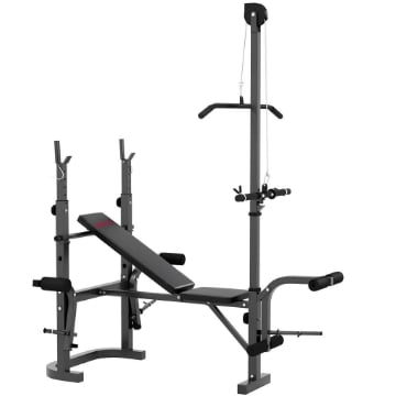 PANCA PALESTRA MULTIFUNZIONE REGOLABILE CON RACK BILANCIERE CON LEG EXTENSION, LOW ROW, ARM CURL, NERO