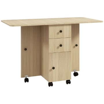 TAVOLO PIEGHEVOLE CON 2 CASSETTI E ARMADIETTO, 6 ROTELLE E FRENI, 120X60X76.5 CM, COLOR LEGNO
