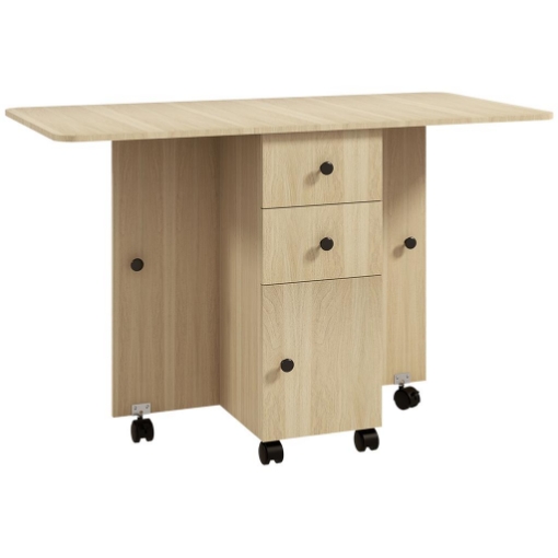 TAVOLO PIEGHEVOLE CON 2 CASSETTI E ARMADIETTO, 6 ROTELLE E FRENI, 120X60X76.5 CM, COLOR LEGNO