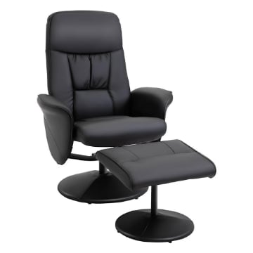 POLTRONA RELAX GIREVOLE A 360¦ IN METALLO E FINTA PELLE, CON POGGIAPIEDI, SCHIENALE REGOLABILE, NERO
