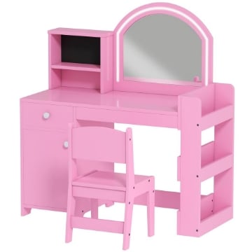 SET TOELETTA TRUCCO PER BAMBINI 2 IN 1 CON SPECCHIO, SEDIA, LUCE LED, ARMADIETTO, SCAFFALI E LIBRERIA, ROSA