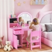 SET TOELETTA TRUCCO PER BAMBINI 2 IN 1 CON SPECCHIO, SEDIA, LUCE LED, ARMADIETTO, SCAFFALI E LIBRERIA, ROSA