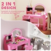 SET TOELETTA TRUCCO PER BAMBINI 2 IN 1 CON SPECCHIO, SEDIA, LUCE LED, ARMADIETTO, SCAFFALI E LIBRERIA, ROSA