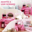 SET TOELETTA TRUCCO PER BAMBINI 2 IN 1 CON SPECCHIO, SEDIA, LUCE LED, ARMADIETTO, SCAFFALI E LIBRERIA, ROSA