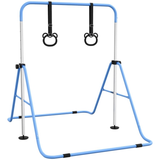 SBARRA GINNASTICA ARTISTICA PER BAMBINI AD ALTEZZA REGOLABILE CON 2 ANELLI, IN ACCIAIO, 148X105X88-128 CM, BLU