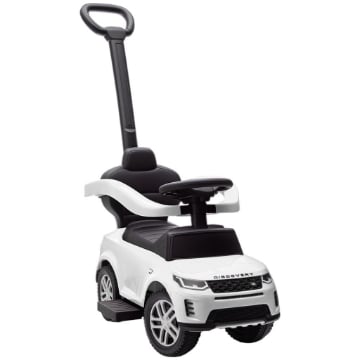 MACCHINA CAVALCABILE LICENZA LAND ROVER CON MANIGLIA E BARRIERA, IN PP E ACCIAIO, 84X40X94.5 CM, BIANCO