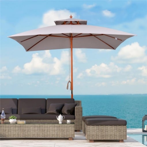 OMBRELLONE DA GIARDINO 3X3M CON 8 STECCHE IN BAMBÙ E COPERTURA PARASOLE A 2 LIVELLI GRIGIO