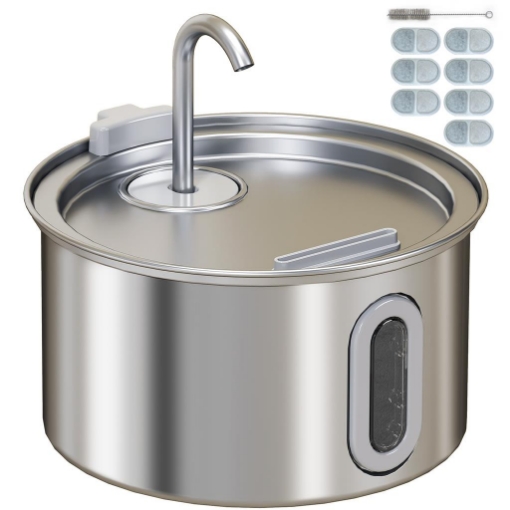 Fontanella per Gatto 2.5L con Luce LED e 2 ModalitÓ di Flusso, in Acciaio Inox, 19.4x19.4x18.7 cm, Argento