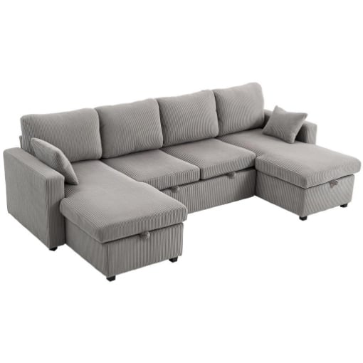 DIVANO LETTO MODERNO A U CON 2 CHAISE LONGUE E VANI CONTENITORE, VELLUTO A COSTE, 282X140X86 CM, GRIGIO