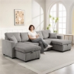 DIVANO LETTO MODERNO A U CON 2 CHAISE LONGUE E VANI CONTENITORE, VELLUTO A COSTE, 282X140X86 CM, GRIGIO